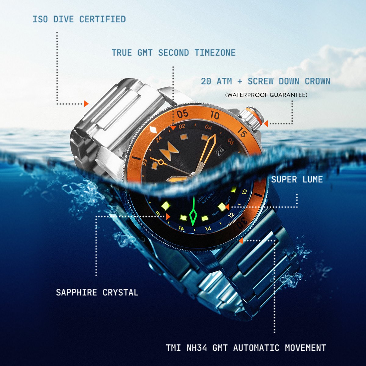 Cali Diver stainless steel bracelet watch with black dial and orange minute track half in the water. Text is pointing to features of the watch.
